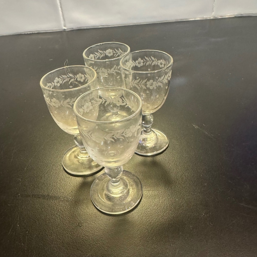 Etched Floral Cordial Glasses Set of 4 Clear Vintage Style 3.75in Wine Aperitif